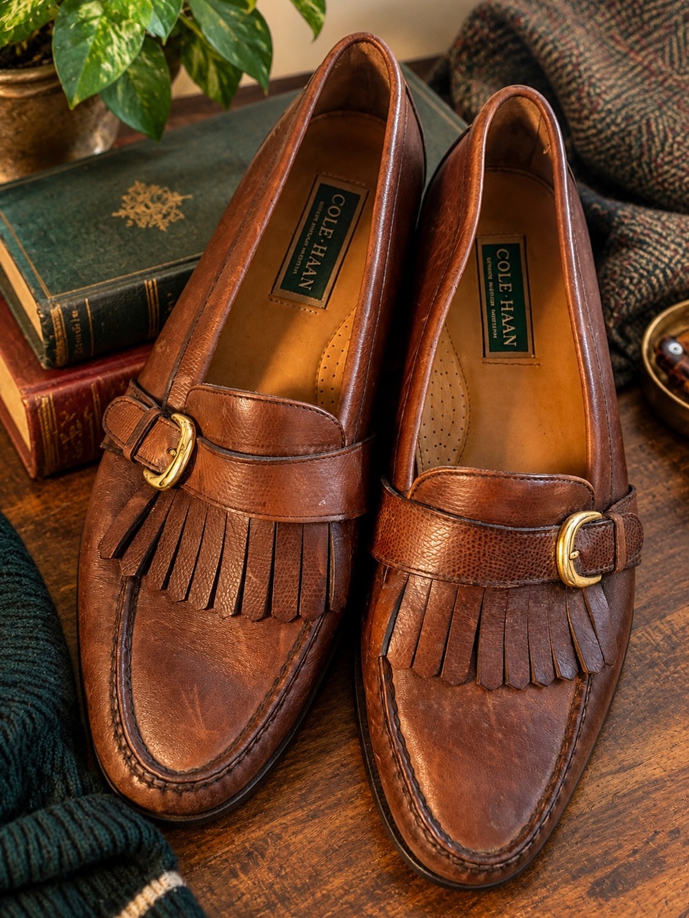 Cole Haan Brown Leather Kiltie Loafers with Gold Buckles